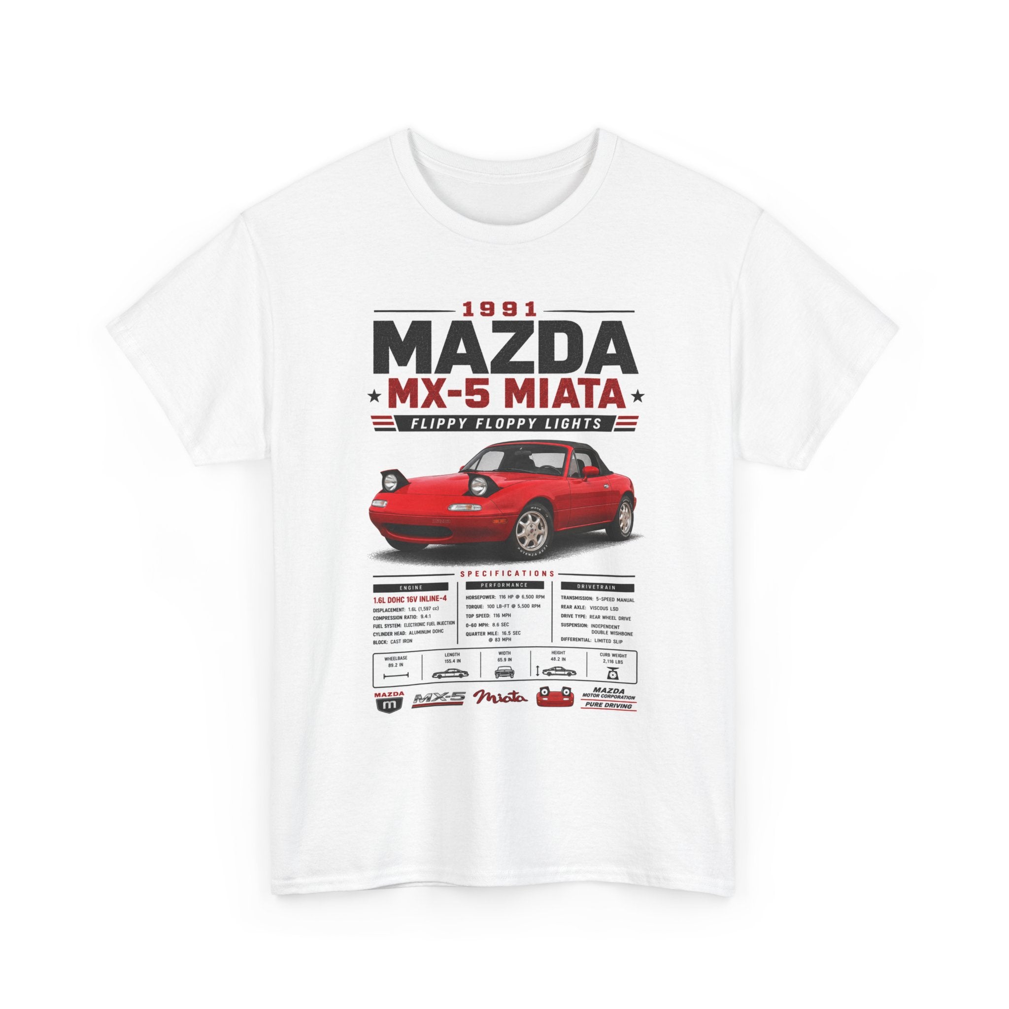 1991 Mazda MX-5 Miata Specs T-Shirt — Retro Red Sports Car Tee